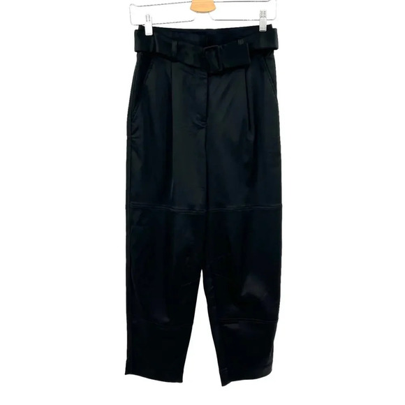 Aritzia Babaton Belted Pleat Pant Trouser Cropped Stretch Satin Black Size 2 - Picture 2 of 13